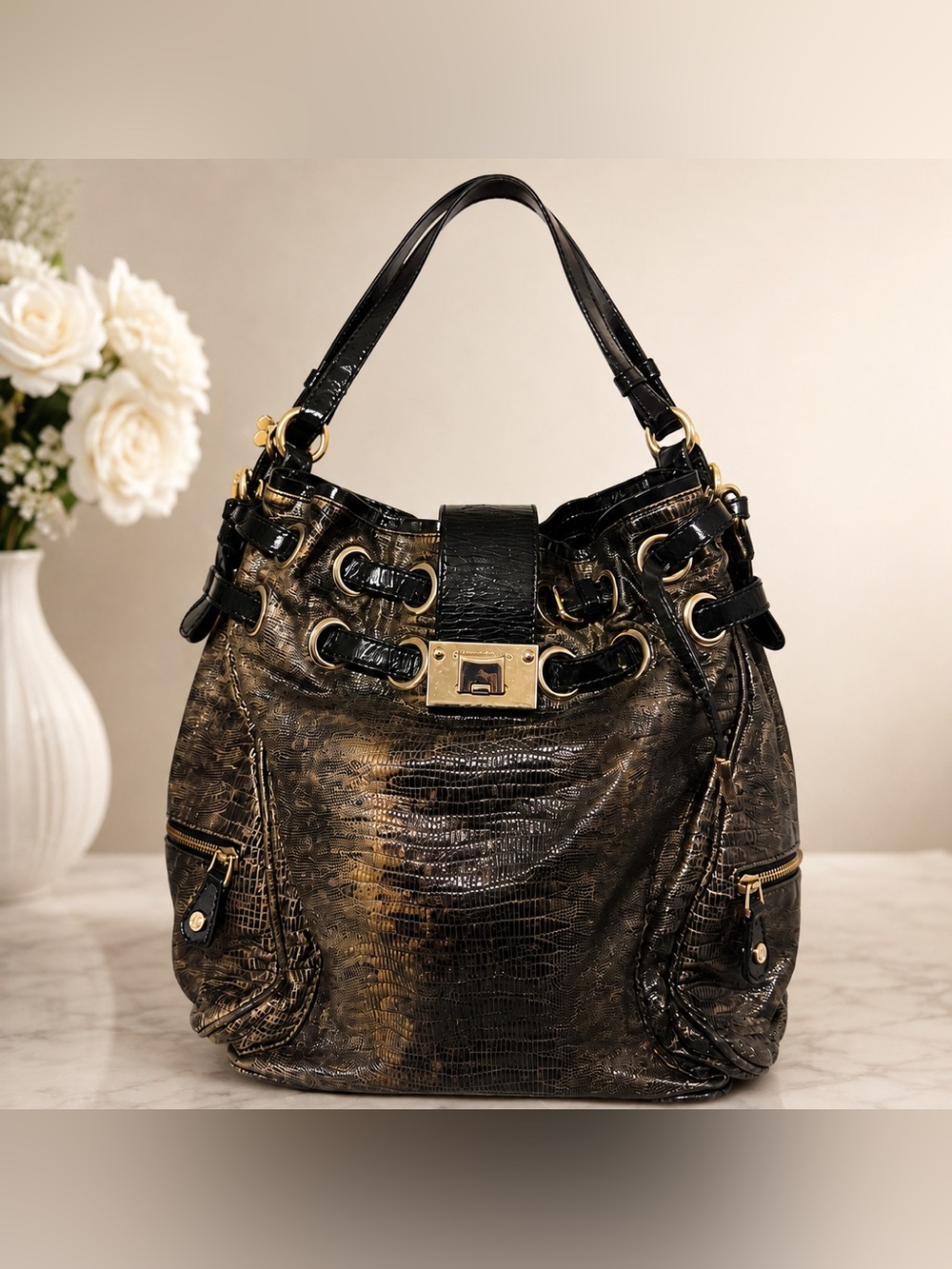 Vintage Jimmy Choo Rhea Lizard Embossed Leather Bucket Bag PLEASE SEE PICTURES